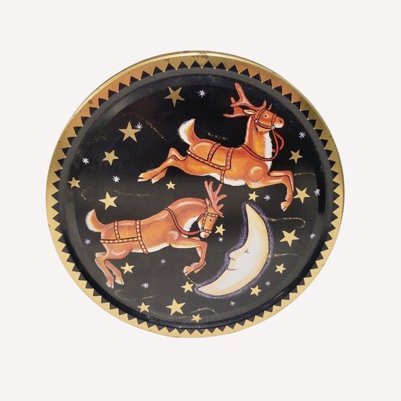 Kelsen Other - Vtg Holiday Christmas Reindeer Celestial Moon Stars Blue Gold Cookie Tin